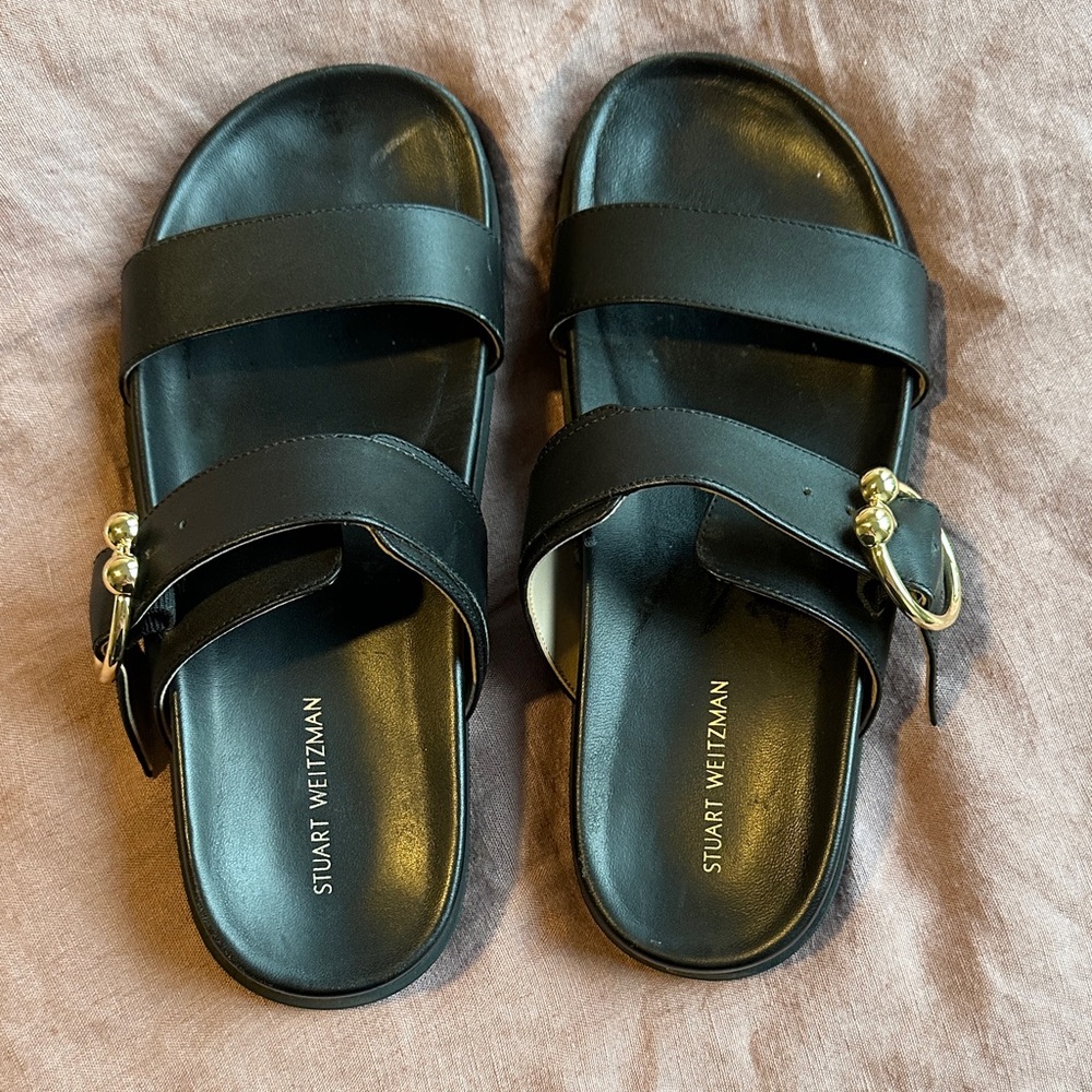 Stuart Weitzman Black Slides with Gold Details